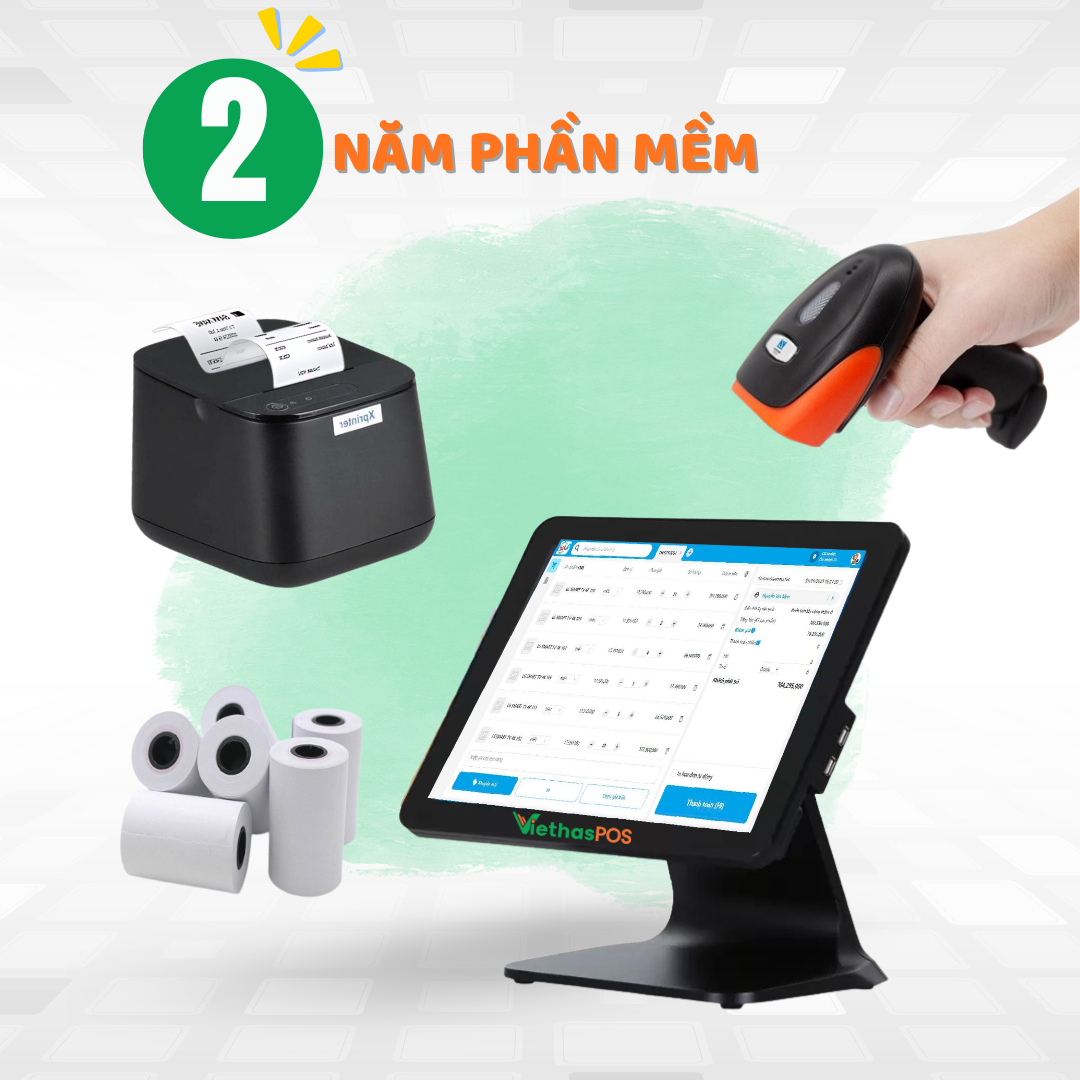 Bộ Máy POS Cảm Ứng Android VIETHAS VIP5220-2 (Máy Tính Tiền DT-A01 11.6inch + Máy in hóa đơn 58mm + Máy quét mã vạch QRcode + Phần mềm Viethas 2 năm) — ảnh 1