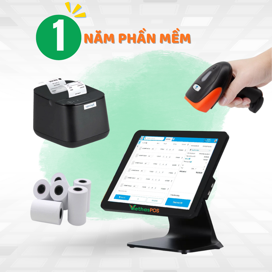 Bộ Máy POS Tính Tiền Cảm Ứng VIETHAS VIP5220-1 (Máy Tính Tiền DT-A01 11.6inch + Máy in hóa đơn 58mm + Máy quét mã vạch QRcode + Phần mềm Viethas 1 năm) — ảnh 1