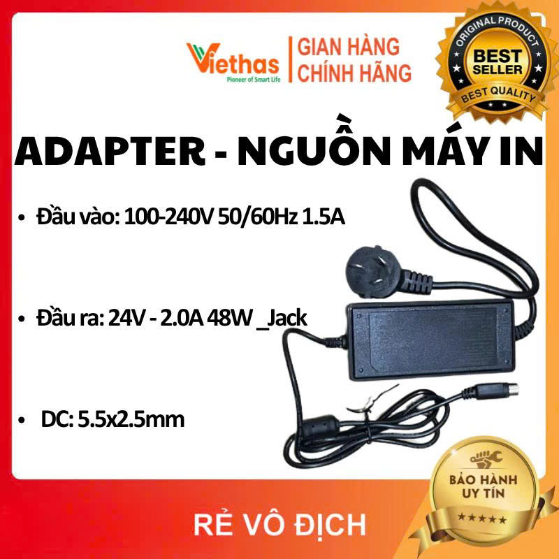Adapter 24V–2A , Nguồn Cho Máy In Nhiệt, In Hóa Đơn, In Tem – Jack Tròn 3 Chân, Dây Liền 120cm — ảnh 1