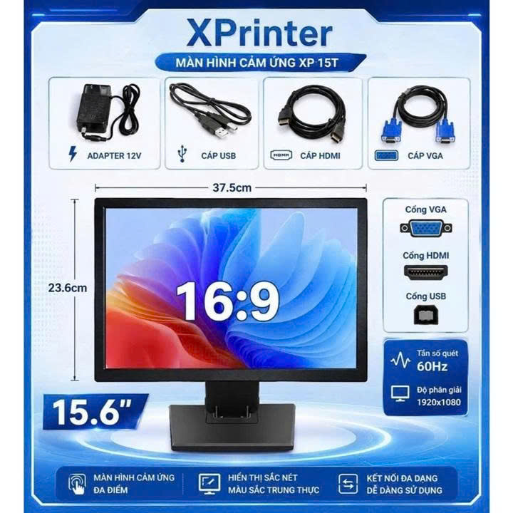 Màn Hình Cảm Ứng Xprinter XP-15T 15.6 Inch Fhd Kết Nối HDMI VGA USB — ảnh 1